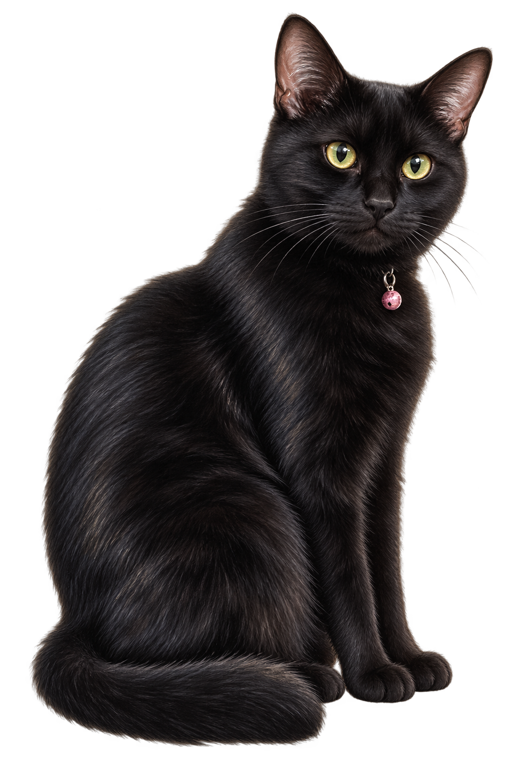 A hand-drawn portrait of Liam, a sleek black cat with yellow-green eyes and a pink tag